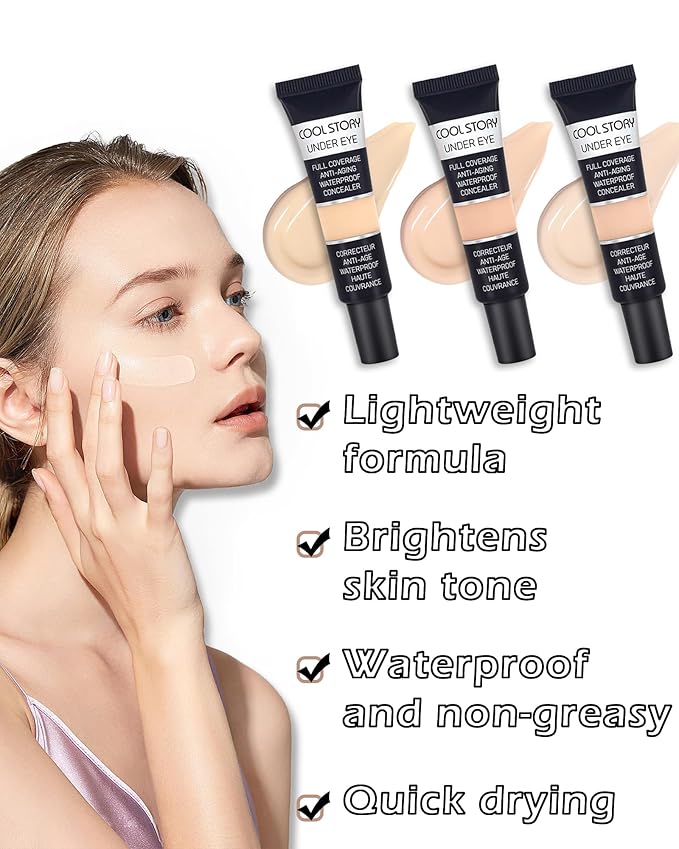 2 PCS Under Eye Concealer Full Coverage, Waterproof Color Correcting Concealer All Day Coverage Dark Circles, Puffiness, Redness, Lightweight Cream Foundation Brightener, Natural Matte Finish, light W-BrightBean Baby