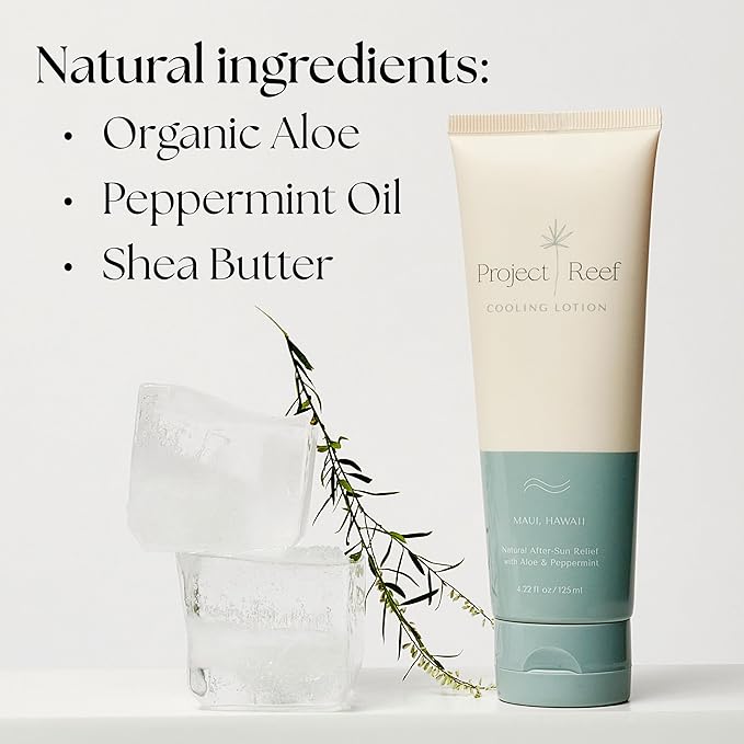 After Sun Cooling Lotion w/Organic Aloe Vera, Peppermint, Shea Butter, Vitamin E - Natural Vegan Sunburn Relief, Aftersun Care