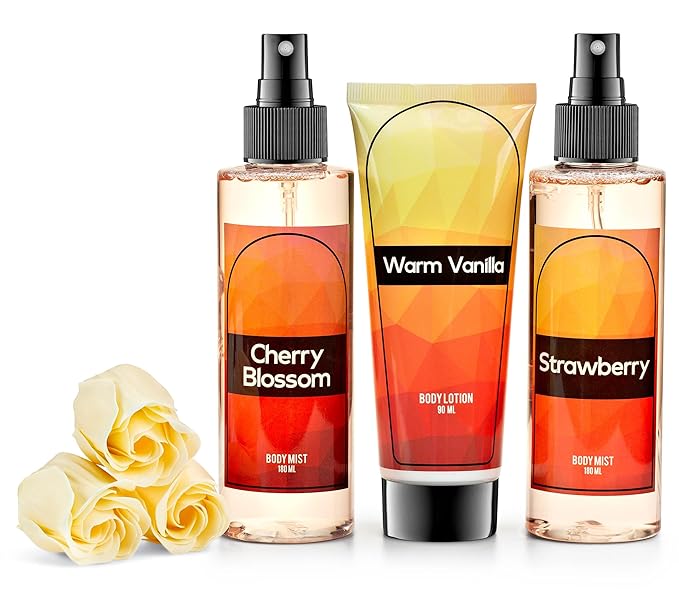 Fine Fragrance Body Mist & Body Splash Gift Set – Luxury Self-Care Combo for Women and Girls (Cherry Blossom, Strawberry, Warm Vanilla, Rose Soap)-BrightBean Baby
