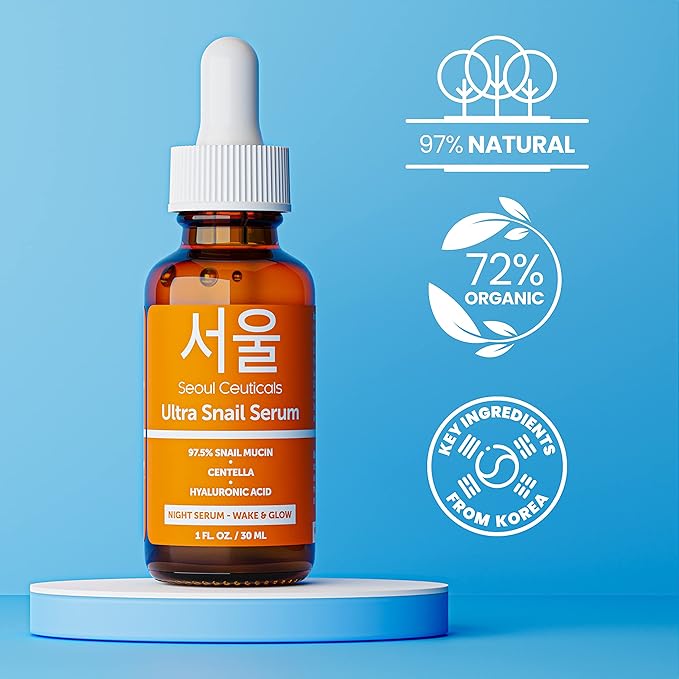 SeoulCeuticals Korean Skin Care 97.5% Snail Mucin Serum – K Beauty Skincare Night Serum Hyaluronic Acid for Face - Centella Anti Wrinkle Serum 1oz-BrightBean Baby
