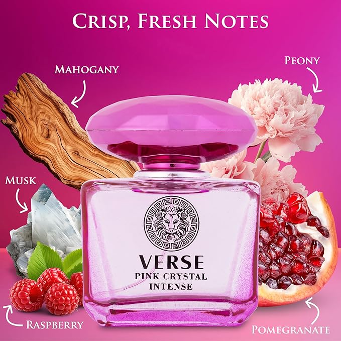 Verse Pink Crystal Intense for Women 3.4 fl Oz - Fruity & Floral Scents of Raspberry, Peony, Magnolia & Lotus Flowers - Base Notes of Amber, Vibrant Musk & Deep Mahogany Wood - Elegant 100ml Bottle-BrightBean Baby