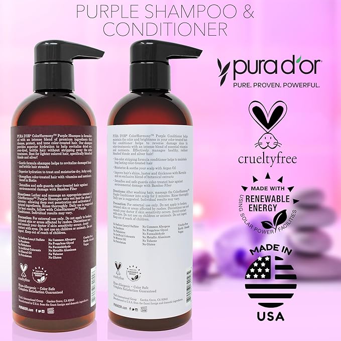 PURA D'OR 16 Oz ColorHarmony Purple Shampoo For Bleached, Blonde, Silver & Color Treated Hair - Keratin, Bamboo Fiber, No Sulfates, Select Natural Ingredients - Men & Women-BrightBean Baby