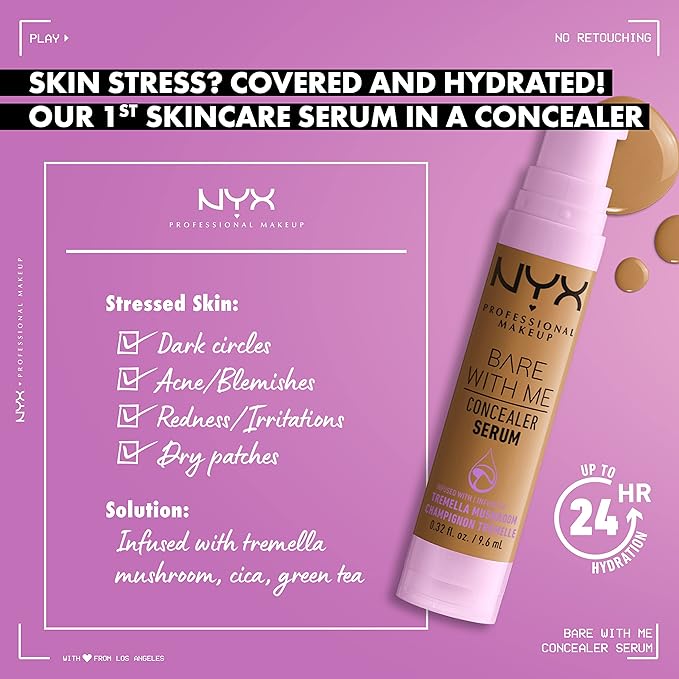 NYX PROFESSIONAL MAKEUP Bare With Me Concealer Serum, Up To 24Hr Hydration - Medium Golden-BrightBean Baby