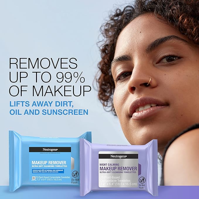 Neutrogena Day & Night Wipes, Makeup Remover Face Cleansing Towelettes & Night Calming Facial Cloths, 100% Plant Based Fibers Wipe Away Dirt, Alcohol-Free, 3 Packs of 25 ct, 75 ct-BrightBean Baby