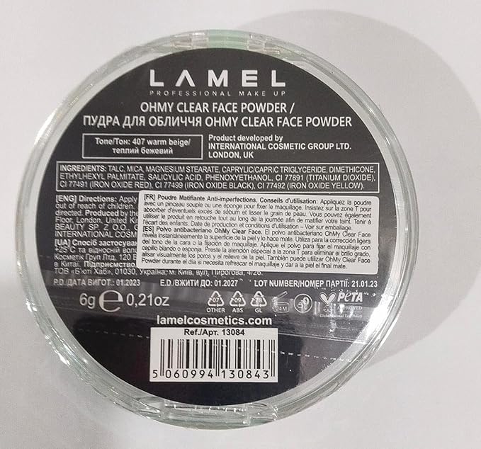 Lamel OhMy Clear Face Powder - Light Natural Coverage & Suet Control - Cruelty Free - Warm Beige N.407-BrightBean Baby