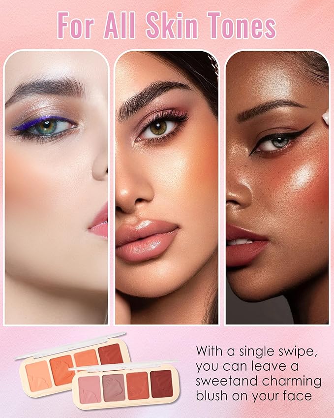 Matte Face Blush Palette Kit with Brush-4 Colors Pink Purple Orange Silky Mineral Blendable Blusher Contour Powder for Cheeks,Longlasting Professional Facial Beauty Makeup Gift for Women Girl-Set 02