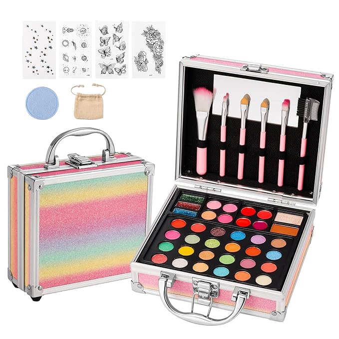 Anpro All-In-One Makeup Carry Case with Pro Teen Makeup Set, Full Starter Cosmetics Kit with Makeup Brushes, Eye Shadows Palette, Blushes, Glitter Gel, Temporary Tattoo Stickers - Colorful-BrightBean Baby