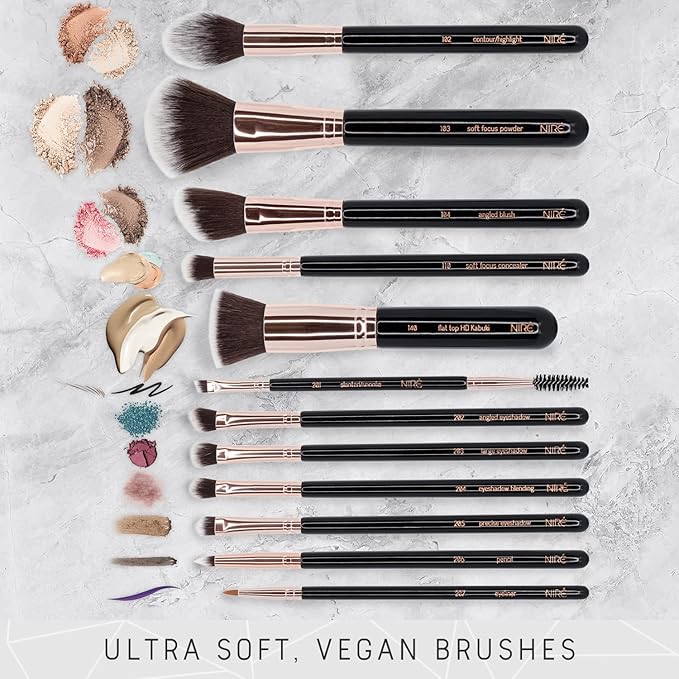 Niré Beauty 15piece Award Winning Professional Makeup Brush Set: Vegan Makeup Brushes with Case, Makeup Sponge, Brush Cleaner, Guide, Gift Box-BrightBean Baby
