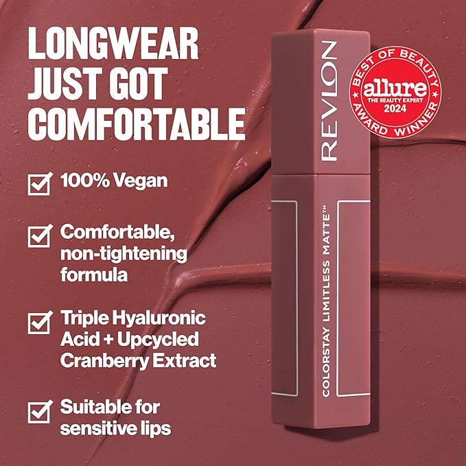 Revlon ColorStay Limitless Matte Liquid Lipstick, Vegan Formula, No-Budge, Longwear Lip Color, Long Lasting, Lightweight/Comfortable, Waterproof, 001 Beauty Sleep, 0.17 fl oz