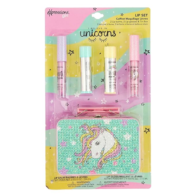Expressions 5pc Cosmetics Lip Kit For Kids w/Lip Glosses, Lip Balms & Tin Box Storage Case I Believe in Unicorns Rhinestone,Washable + Non Toxic-BrightBean Baby