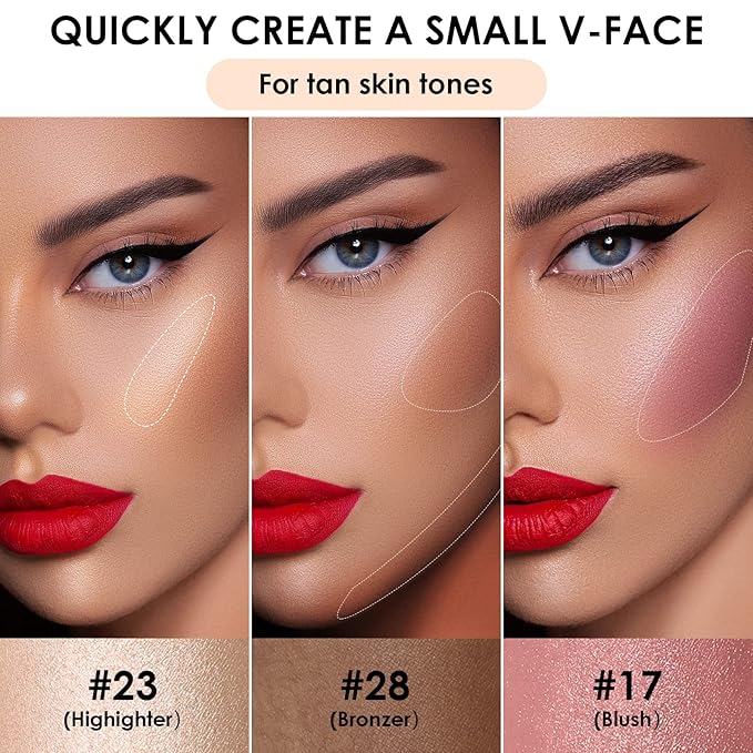 FOCALLURE 3 Pcs Cream Contour Sticks,Shades with Highlighter & Bronzer & Blush,Non-greasy Long-wear Face Contouring Pen,Easy to Sculpt the Face and Create a Lightweight Finishing Makeup,TAN-BrightBean Baby
