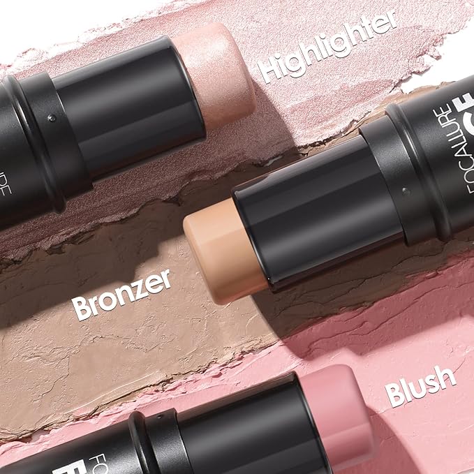 FOCALLURE 3 Pcs Cream Contour Sticks,Shades with Highlighter & Bronzer & Blush,Non-greasy Long-wear Face Contouring Pen,Easy to Sculpt the Face and Create a Lightweight Finishing Makeup,FAIR-BrightBean Baby