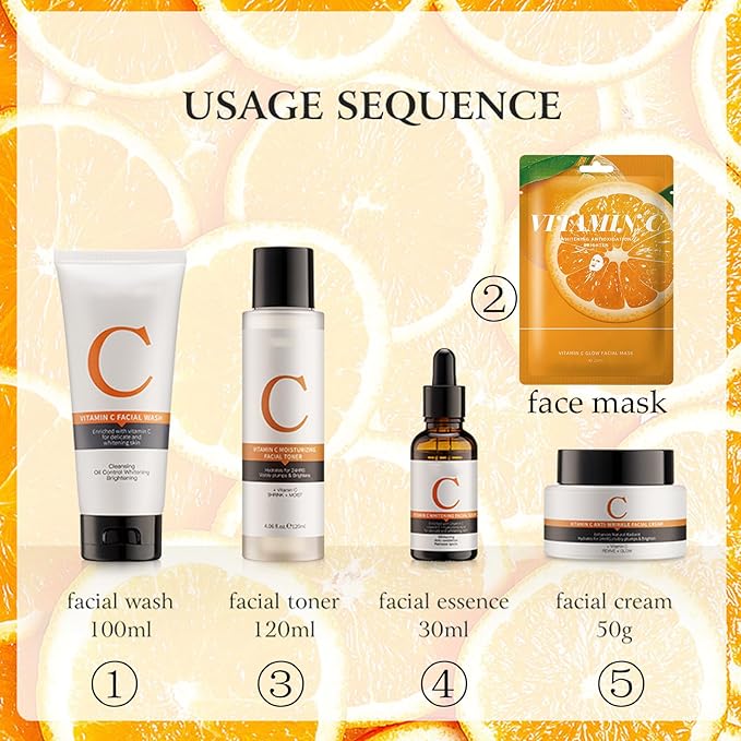 Vitamin C Skin Care Sets, 6Pcs Skin Care Products Set, Skin Care Gift Set for Women Girls, Hydrating Skincare Routine Set, Face Care Kit Includes Cleanser, Mask, Face Serum, Toner, Cream-BrightBean Baby