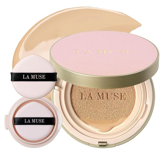 LA MUSE Korean Cushion Foundation, #21 Light Beige(2 Packs) | Lightweight, Breathable but Perfect Blemish Cover for Summer | Long-Lasting, Korean Foundation with Radiant Dewy Finish | Skin Hydrating-BrightBean Baby