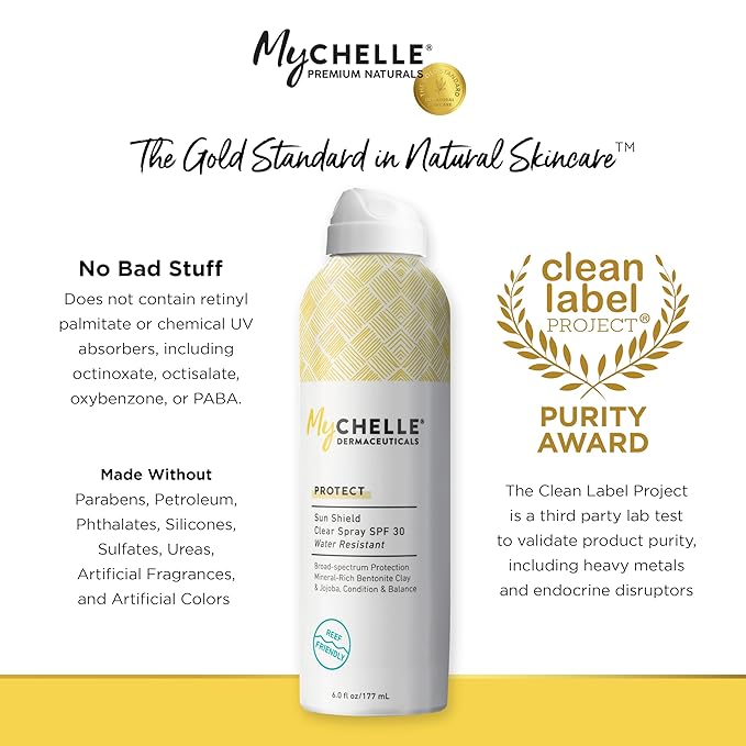 MyChelle Dermaceuticals Sun Shield Clear Spray SPF 30 (6 Fl Oz) - Liquid Zinc Sunscreen Spray with Bentonite Clay and Jojoba - Balances Oil Levels and Conditions Skin - Water Resistant for 80 Minutes-BrightBean Baby