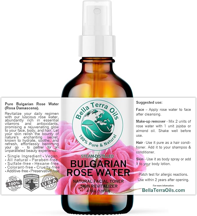 Bella Terra Oils - Organic Rose Water Mist 4 oz - Capture The Bulgarian Rose Essence, Perfect as a Gentle Rosewater Face Mist, Free from Synthetics-BrightBean Baby