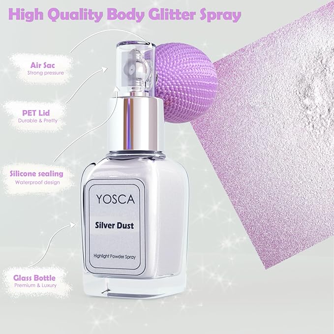 Yosca Highlighter Powder Spray, 20ML Cosmetic Grade Shimmer Powder Diamond Glitter Spray Sparkle Highlighter Makeup Festival Concert Accessorise for Rave Clothes Hair Face Nail Art - Silver Dust-BrightBean Baby
