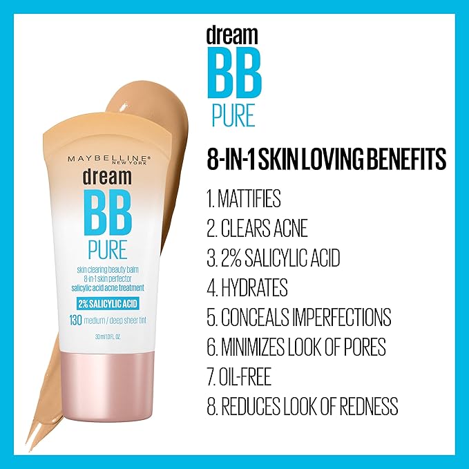 Maybelline Dream Pure Skin Clearing BB Cream, 8-in-1 Skin Perfecting Beauty Balm With 2% Salicylic Acid, Sheer Tint Coverage, Oil-Free, Deep, 1 Count-BrightBean Baby