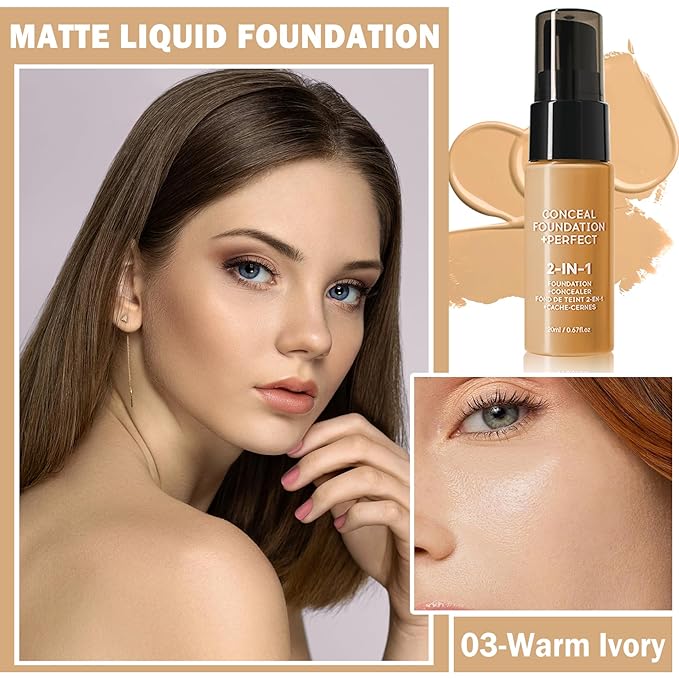 Concealer Full Coverage Foundation for Mature Skin,Oil Control Matte 2 in 1 Concealer liquid Foundation Makeup Waterproof Base De Maquillaje Alta Cobertura-03 Warm Ivory-BrightBean Baby