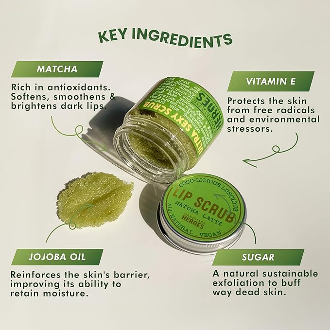 Handmade Heroes Matcha Latte Lip Scrub 1oz | 100% Natural Vegan Skin Care | Deep Conditioning Lip Scrub for Dry Lips with Jojoba Oil Avocado Oil | Natural Lightening Lip Exfoliator & Lip Plumper-BrightBean Baby