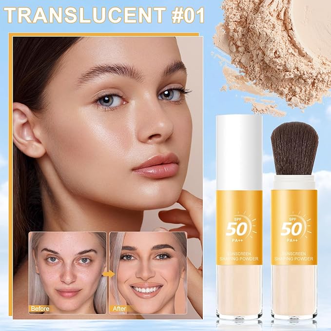 Mineral Sunscreen Setting Powder, SPF 50++ Mineral Setting Powder Sunscreen for Face with Soft Brush Powder Sunscreen for Scalp Matte Face Powder (1PC, 1.02 * 1.02 * 4.29)-BrightBean Baby