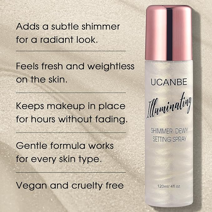 UCANBE Shimmer Dewy Setting Spray – Glowing + Makeup Setting Spray 2 in 1 Lightweight Formula for a Radiant Glow,Long-Lasting Face Mist for Face Body, 4 Fl Oz #Platinum-BrightBean Baby