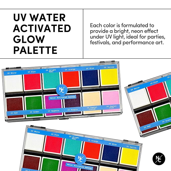 UV 12-Color Palette - Water-Activated Neon Glow Makeup for Face & Body - Fluorescent Shades for SFX, Party Makeup, Cosplay & Theatrical Performances-BrightBean Baby