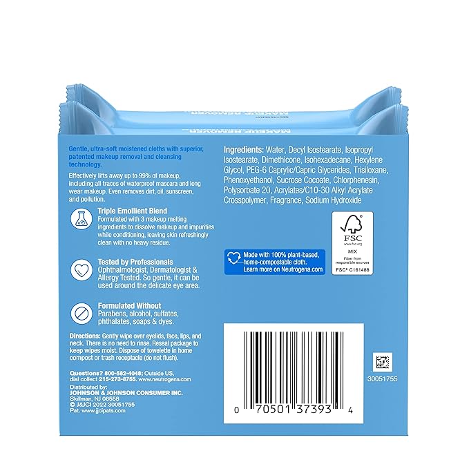 Neutrogena Makeup Remover Wipes, Ultra-Soft Cleansing Facial Towelettes for Waterproof Makeup, Alcohol-Free, Plant-Based, Twin Pack, 25 Count (Pack of 2)-BrightBean Baby