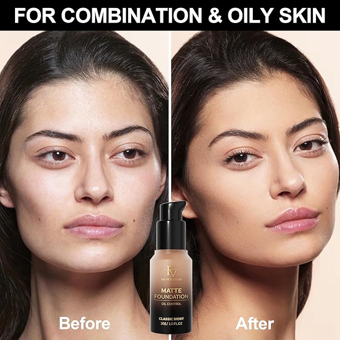 FV Full Coverage Liquid Foundation, Lightweight & Concealing, Long Lasting Matte Foundation Makeup with Flawless Finish, Oil Control Waterproof Foundation for Oily Skin (Classic Ivory Matte)-BrightBean Baby