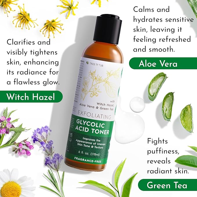 Tree To Tub Glycolic Acid Toner for Face w/Witch Hazel & Hydrating Aloe Vera for Smooth Skin - Minimizes Appearance of Fine Lines & Brightens - Vegan Exfoliating Toner for Women & Men-BrightBean Baby