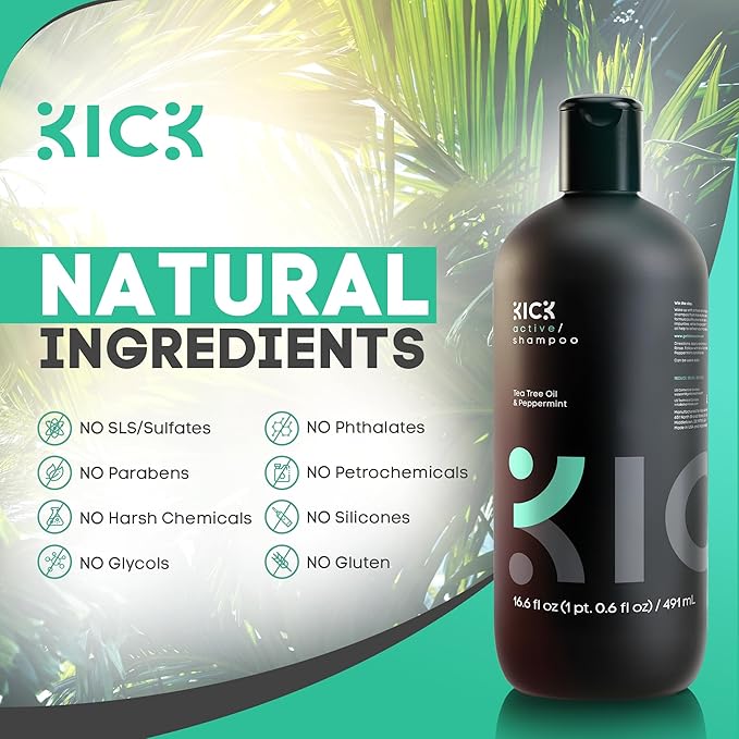 Kick Mens Shampoo - Peppermint & Tea Tree for Oil Control - Sulfate-Free, Refreshing Formula - Anti-Dandruff and Scalp Soothing - Shampoo for Oily Hair - Cruelty-Free - 16.6oz-BrightBean Baby