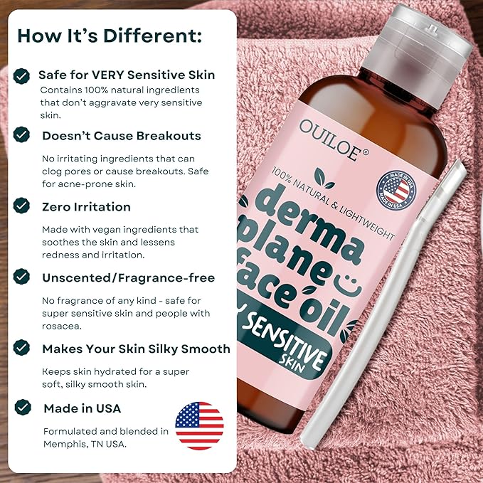 Dermaplane Oil for Women with Very Sensitive Skin - Lightweight Face Shaving Oil, Natural Facial Shave Oil - Use with a Dermaplaning Tool, Razor, Shaver or Microblade for Close Shave 4oz by Ouiloe-BrightBean Baby
