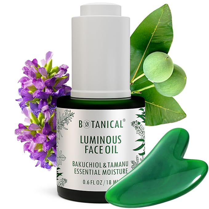 Botanical Luminous Face Oil | Skin Rejuvenating Tamanu & Bakuchiol w/Gua Sha Lift Scraper | Organic, Pure, Natural Skincare (0.6 fl oz | 18 ml)-BrightBean Baby