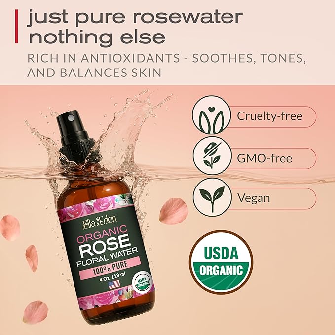Ella & Eden Organic Rose Water Spray for Face, Hair 4 Fl Oz | USDA Certified 100% Pure Steam Distilled Hexane-Free | Hydrating, Refreshing Facial Mist for All Skin Types-BrightBean Baby