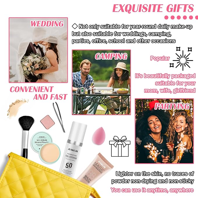 Color Changing Foundation Set,Full Coverage Foundation Liquid Foundation Makeup Gift Set,Moisturizing BB Cream for Women,Flawless Loose Setting Powder Face Primer Base Makeup Kit With Makeup Sponge-BrightBean Baby