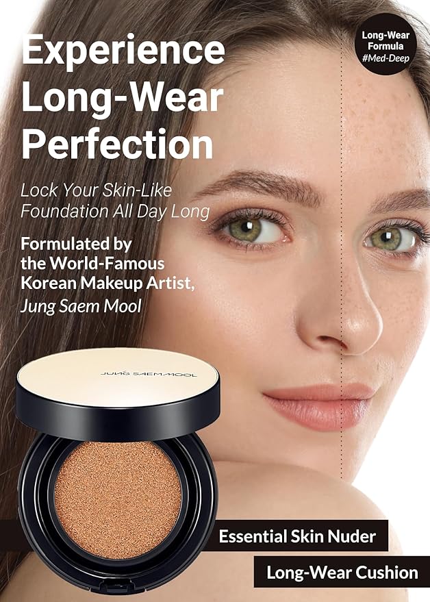 JUNG SAEM MOOL Essential Skin Nuder Longwear Cushion 0.98 Fl Oz (Medium Deep), Refill Included, 24H lasting Cushion Foundation with High Coverage, Semi-Matte Natural Finish, Korean Foundation Makeup-BrightBean Baby