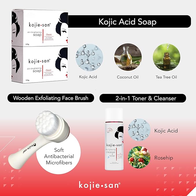 Kojie San Face & Body Shower Set - The Original Kojic Acid Soap that Reduces Visibility of Dark Spots, Hyperpigmentation, and Other types of Skin Damage – 135g x 2 Bars with Lotion, Cream and Toner-BrightBean Baby