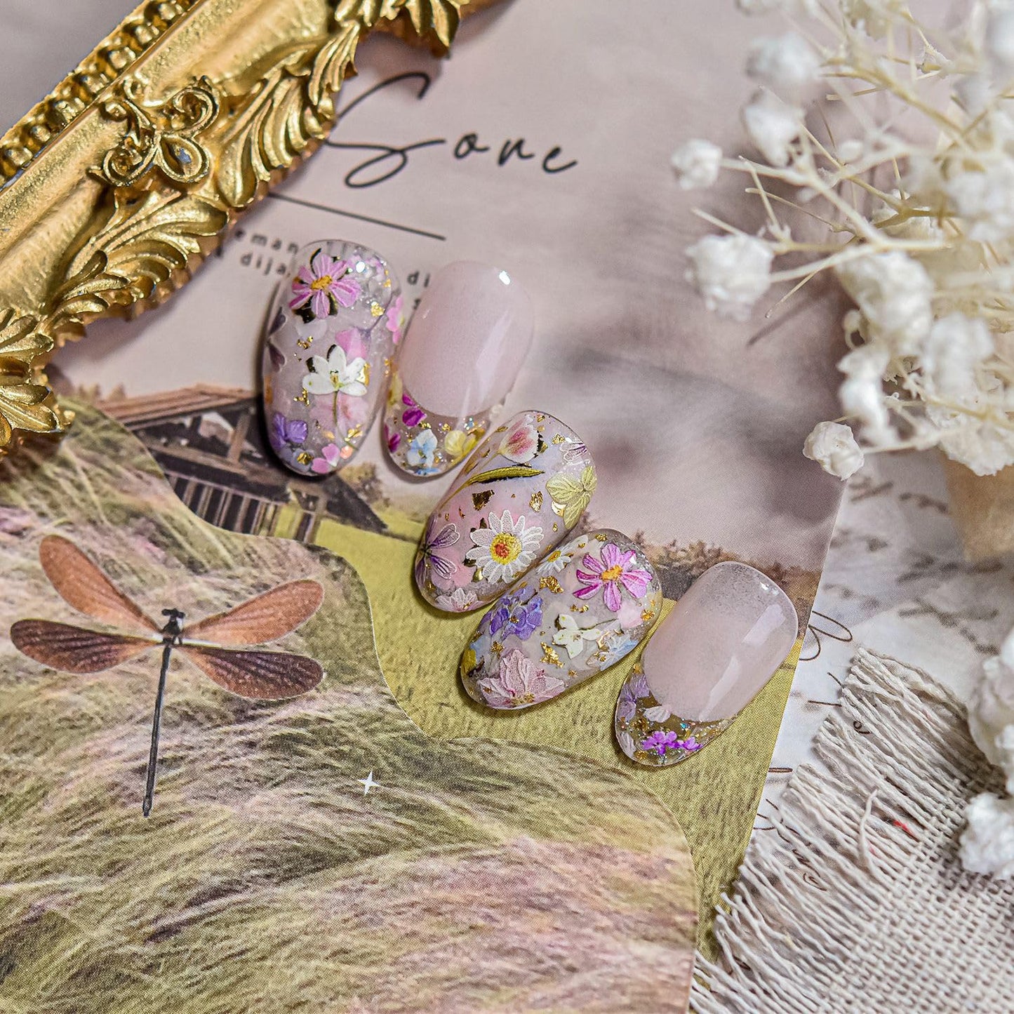 Flowers Nail Art Stickers Colorful Dried Flower Nail Decals 3D Self Adhesive Gold Foil Designs Spring Summer Nail Sticker Daisy Nail Stickers Cute Floral Nail Decal for DIY Nail Art Nails Decor Women-BrightBean Baby