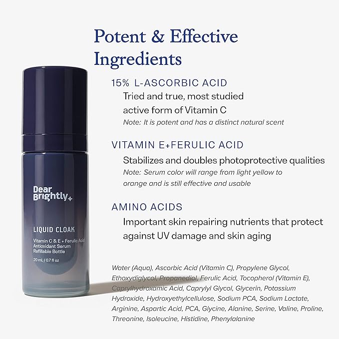 Vitamin C Serum with Ferulic Acid and Vitamin E for Glowing Radiant Skin by Dear Brightly, Liquid Cloak Facial Serum for Sensitive Skin, Refillable Glass Bottle, 0.7 fl oz-BrightBean Baby