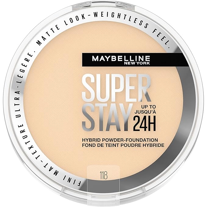 Maybelline Super Stay Up to 24HR Hybrid Powder-Foundation, Medium-to-Full Coverage Makeup, Matte Finish, 118, 1 Count-BrightBean Baby
