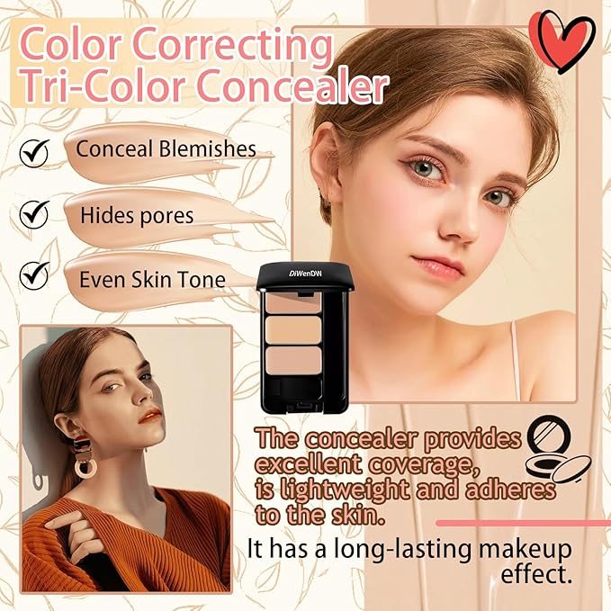 3 Colors Corrector Palette,Moisturizing Long Lasting Waterproof Cream Contour Makeup Palette,Color Correcting Concealer,Natural Flawless Full Coverage Liquid Foundation Set with Makeup Brushes-BrightBean Baby