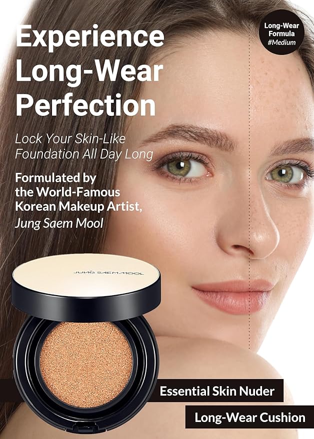 JUNG SAEM MOOL Essential Skin Nuder Longwear Cushion 0.98 Fl Oz (Medium), Refill Included, 24H Lasting Cushion Foundation with High Coverage, Semi-Matte Natural Finish, Korean Foundation Makeup-BrightBean Baby