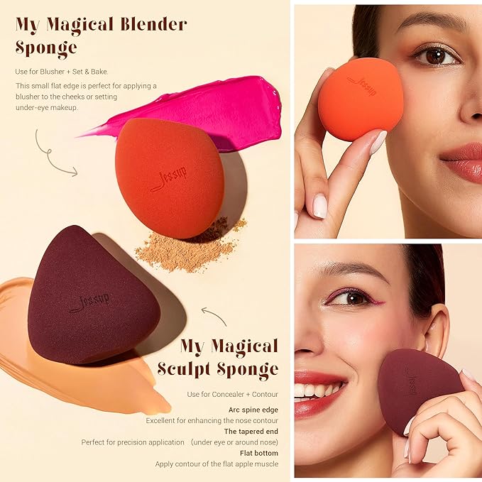 Jessup Face Makeup Brushes with Makeup Sponge, 3pcs Double Ended Makeup Brush for Foundation Contour Blush Highlight and Concealer Brush, Premium Synthetic Brush Set with Gift Box, T510-BrightBean Baby