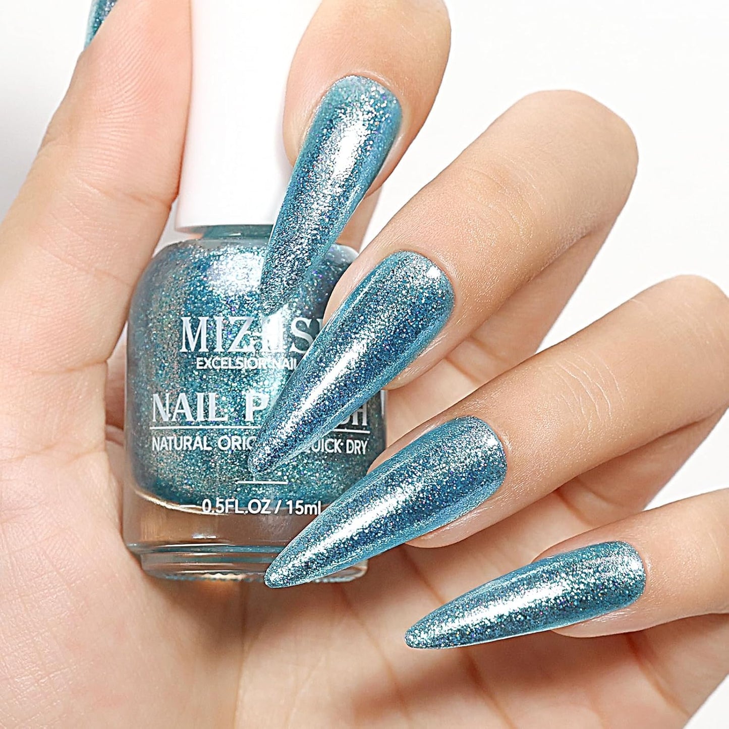 MIZHSE Quick Dry Glitter Blue Nail Polish, Fast Drying Nail Polish, 15ml High Glossy Sparkly Shiny Shimmer Nail Lacquer Nail Art Salon Manicure Home-BrightBean Baby