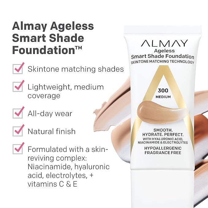 Almay Anti-Aging Foundation, Smart Shade Face Makeup with Hyaluronic Acid, Niacinamide, Vitamin C & E, Hypoallergenic-Fragrance Free, 800 Deep, 1 Fl Oz (Pack of 1)-BrightBean Baby