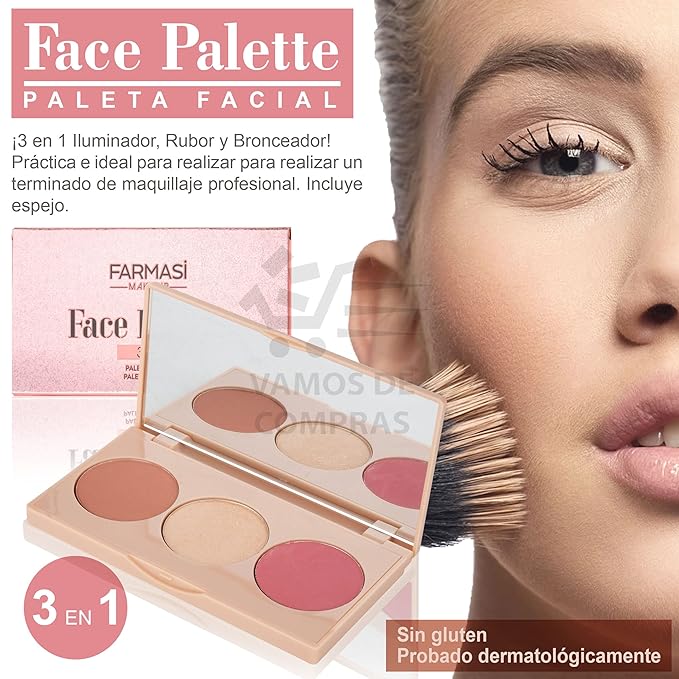 FARMASI Makeup Face Palette, Trio Eyeshadow, Long Lasting Face Sculpting, Blush and Highlighter Powder, Glow Contour Shadow Bronzer, All Skin Types, 0.52 oz. / 15 g (3 in 1 Face Palette)-BrightBean Baby