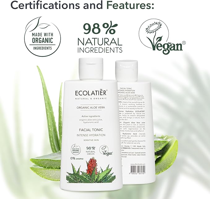 Organic Aloe Vera Facial Toner - 98% Natural Ingredients - Intense Hydration, Hyaluronic Acid, 98% Natural, Vegan - Deep Moisture, Refreshes, and Revitalizes The Skin - 8.5 Fl Oz / 250ml-BrightBean Baby