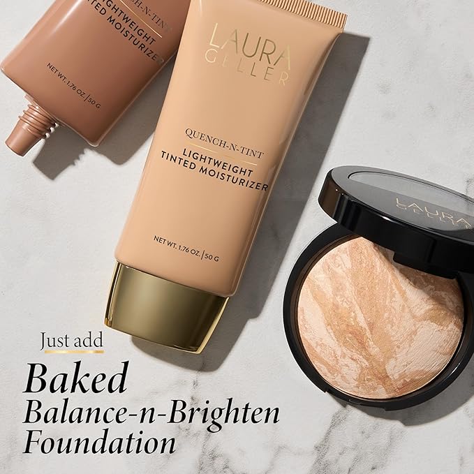 LAURA GELLER NEW YORK Quench-n-Tint Hydrating Foundation - Medium/Deep - Sheer to Light Buildable Coverage - Natural Glow Finish - Lightweight Formula with Hyaluronic Acid-BrightBean Baby