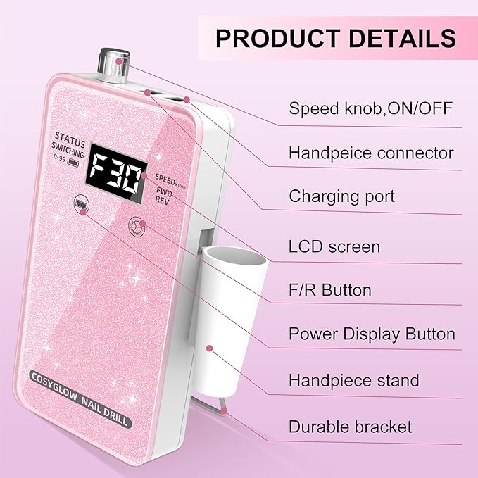 Professional Electric Nail Drill File:COSYGLOW Glitter Portable Cordless E-File Nail Drill Kit with 11 Drill Bits,30000 RPM Rechargeable Nail Drills Machine for Acrylic Nails Gel Polishing (Pink)-BrightBean Baby