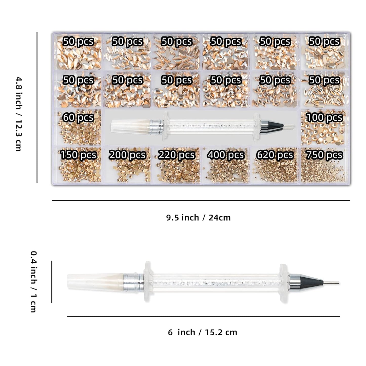 Nail Rhinestones Kit, Nail Art Decorations with Wax Pencil Flat AB Rhinestones Kit DIY Crafts Gemstones for Nail, Shoes, Clothes, Jewels (600 Champagne diamonds + 2500 flat rhinestones)-BrightBean Baby